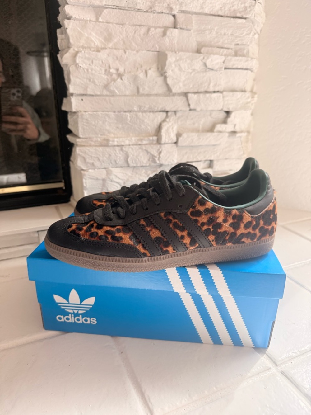 Adidas Sambas Leopard Print Low-Top Sneakers with Black & Green Trim